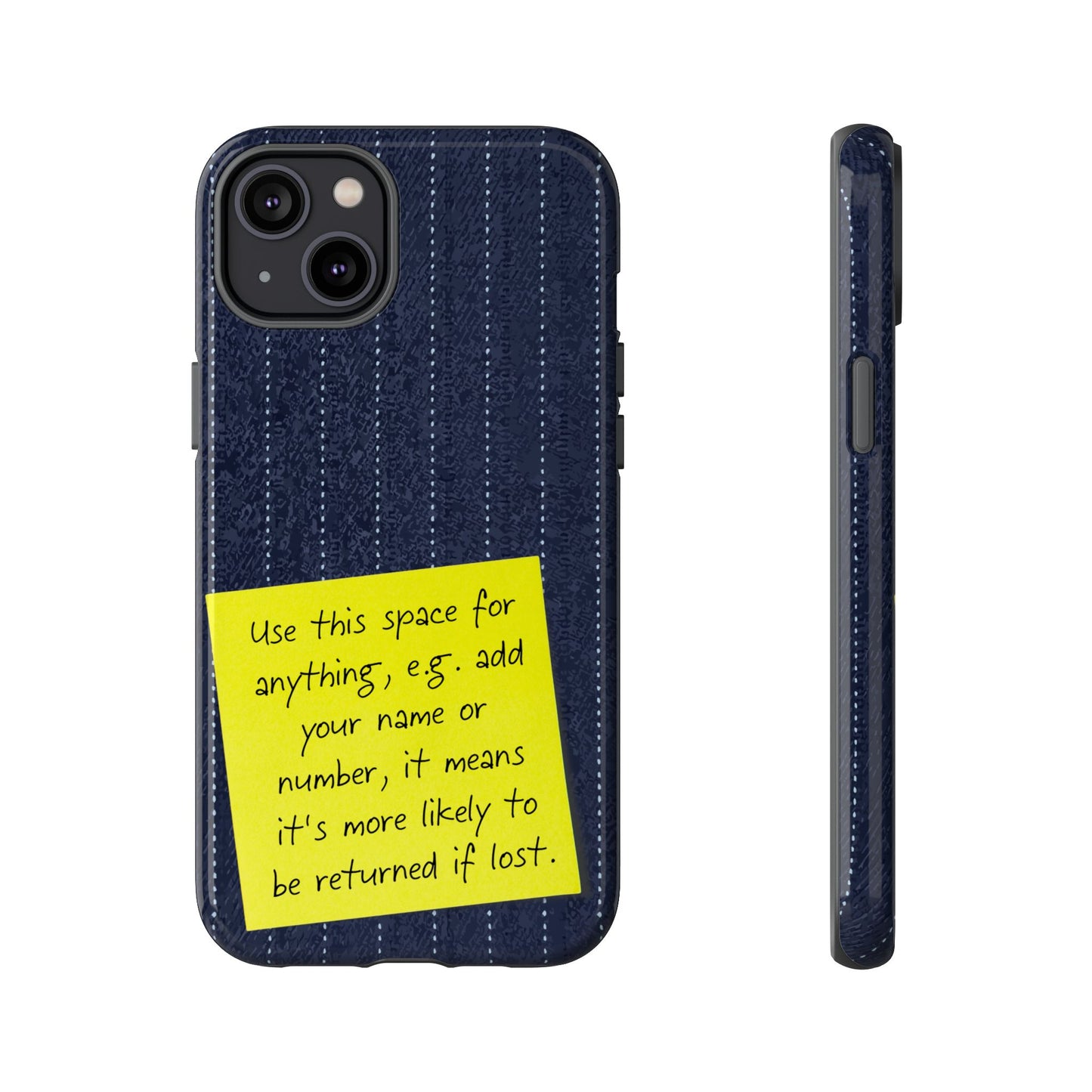 Navy Pinstripe Design with Yellow Sticky Note Personalised Tough Phone Case for Apple iPhone, Samsung Galaxy and Google Pixel.