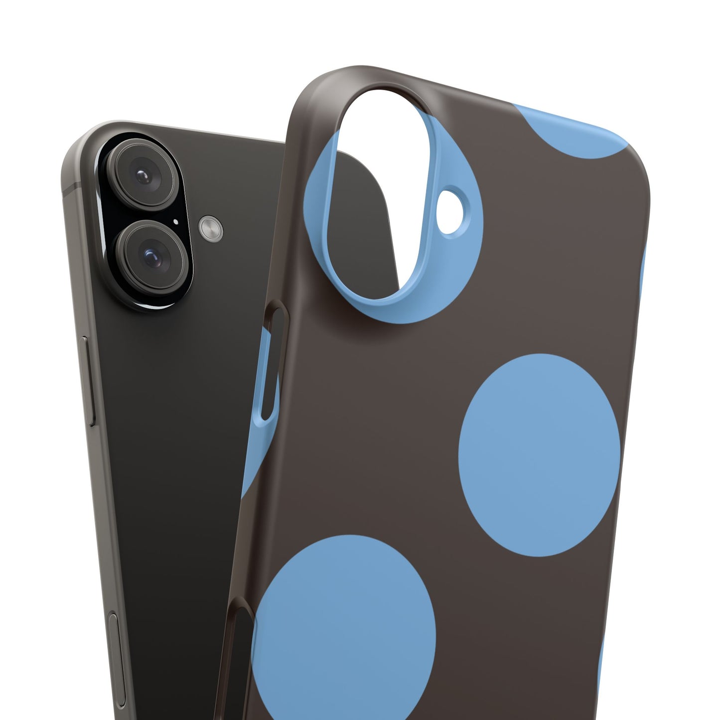 Matte Black with Large Sky Blue Polka Dots Slim Phone Case for Apple iPhone, Samsung Galaxy and Google Pixel.