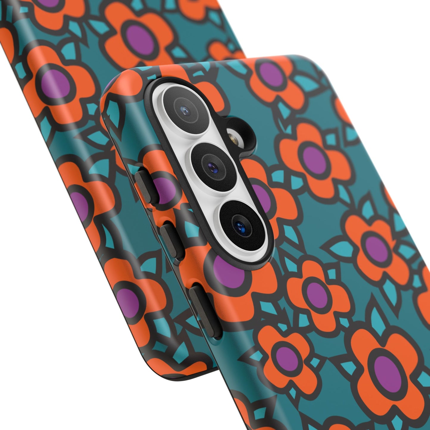 Floral Pop Tough Phone Case — Retro Orange & Teal Flower Pattern