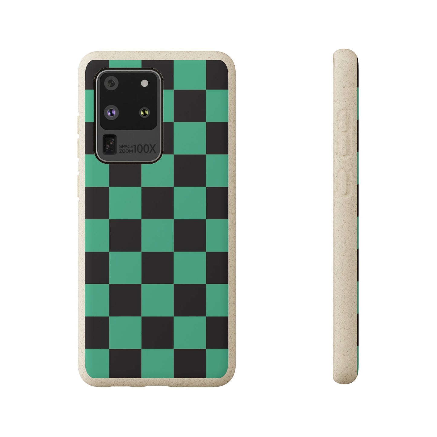 Biodegradable Checkerboard Phone Case — Green & Black Tanjiro Eco Smartphone Cover for Apple iPhone and Samsung Galaxy.