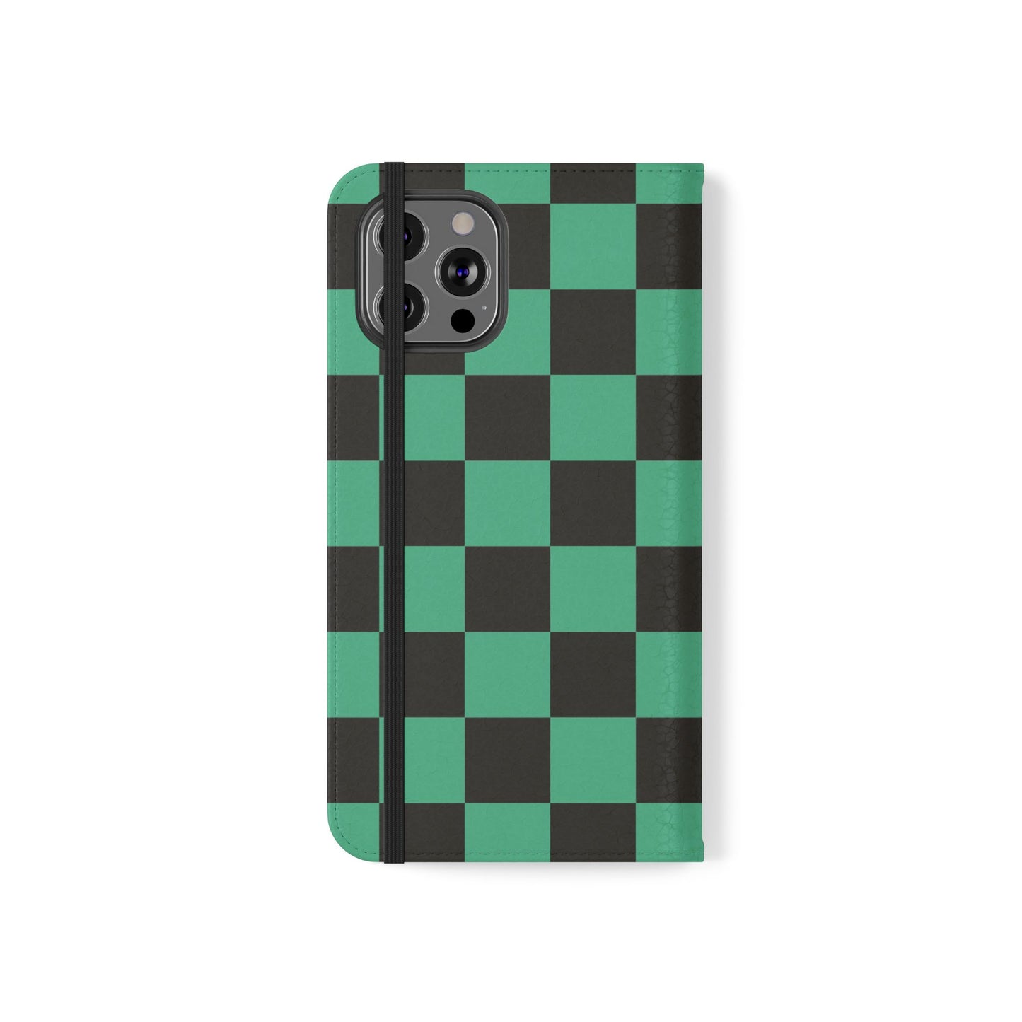 Tanjiro Chequered Flip Phone Case — Black and Green Chequered Wallet Cover