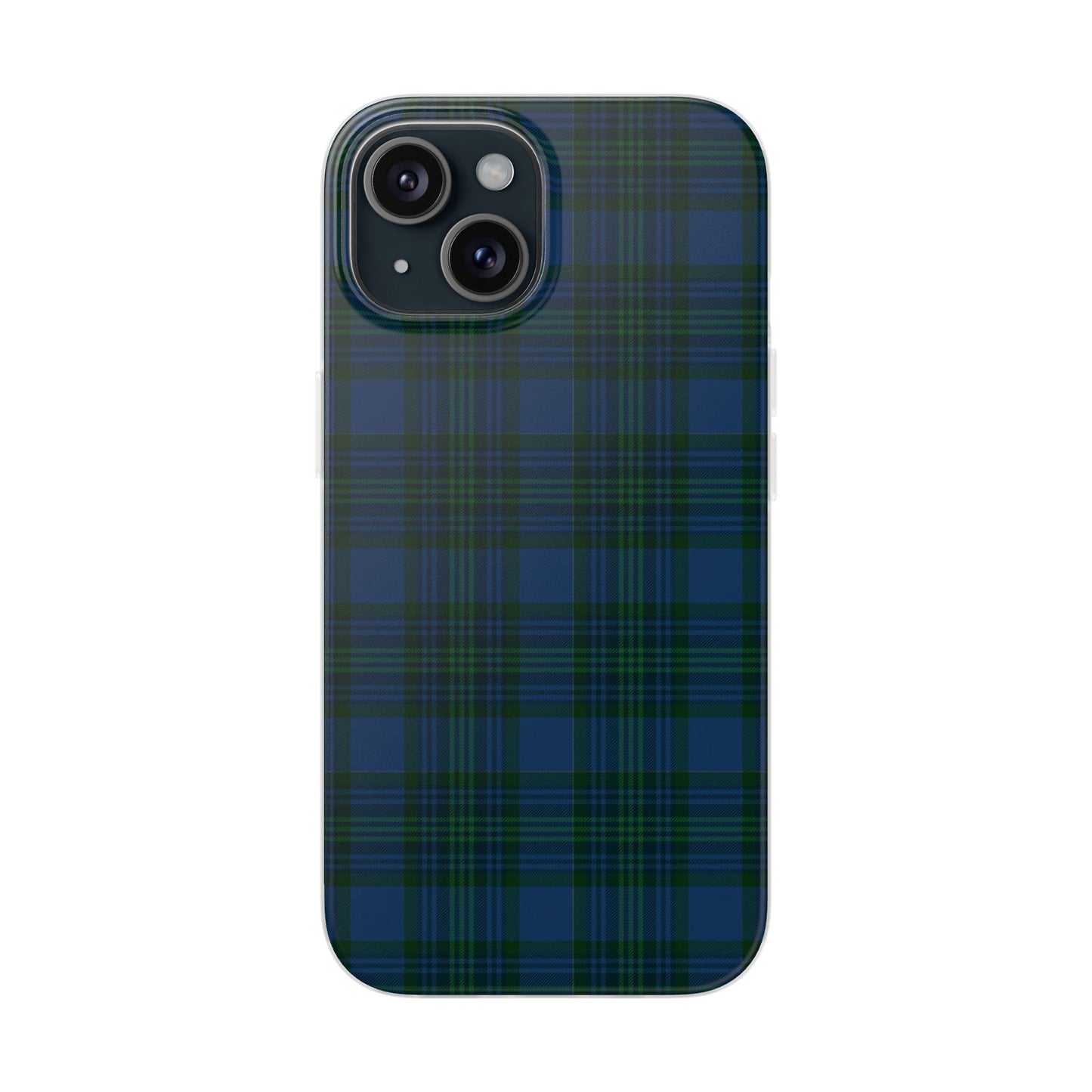 Navy green tartan phone case with flexible plaid design, slim shock-absorbing TPU, semi-transparent matte finish
