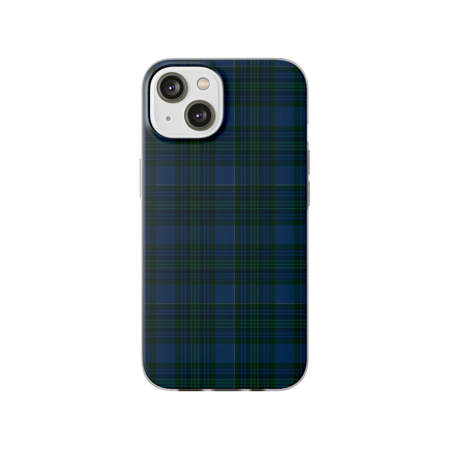 Navy green tartan phone case with flexible plaid design, slim shock-absorbing TPU, semi-transparent matte finish
