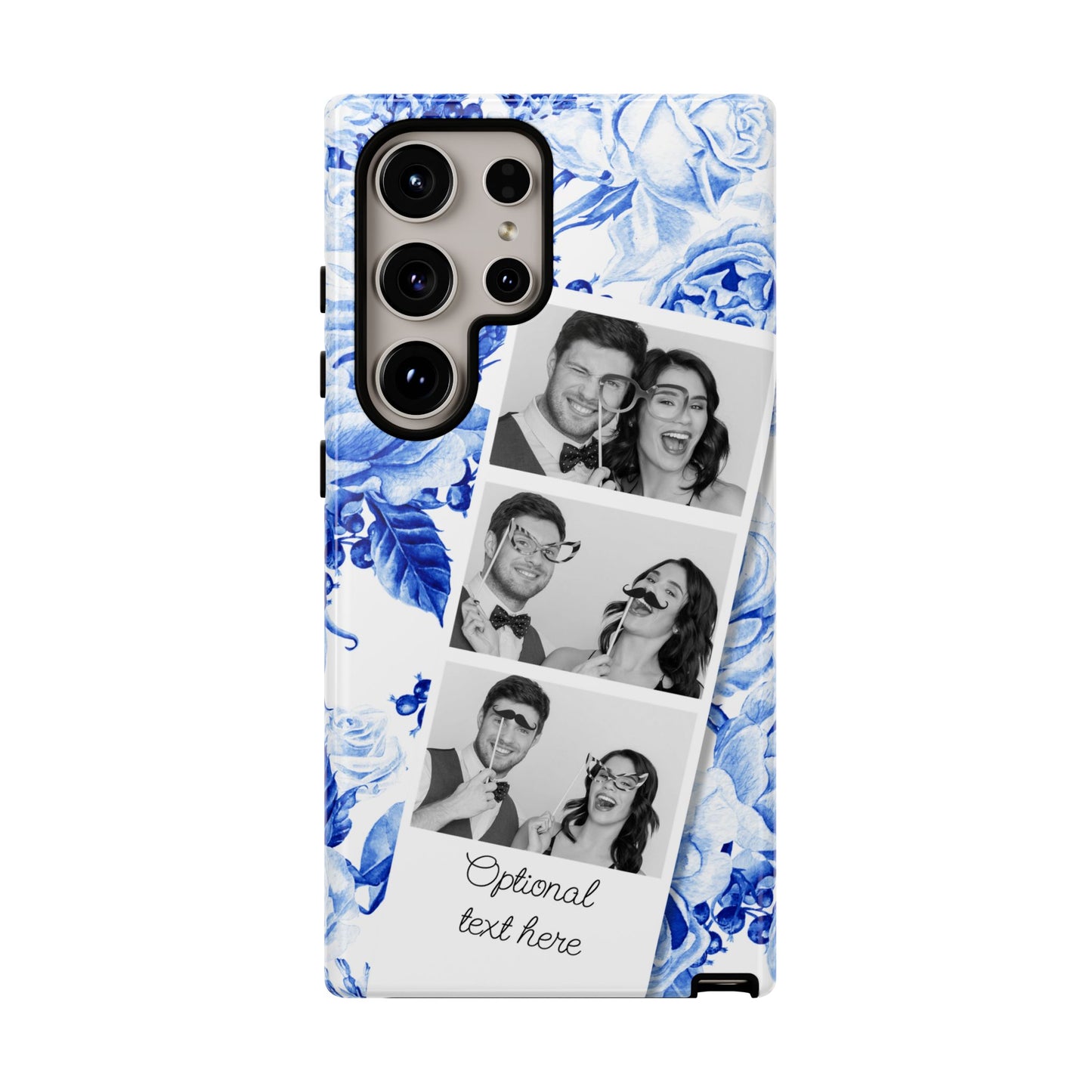 Three Photo Personalised Blue Floral Image Strip Custom Phone Case