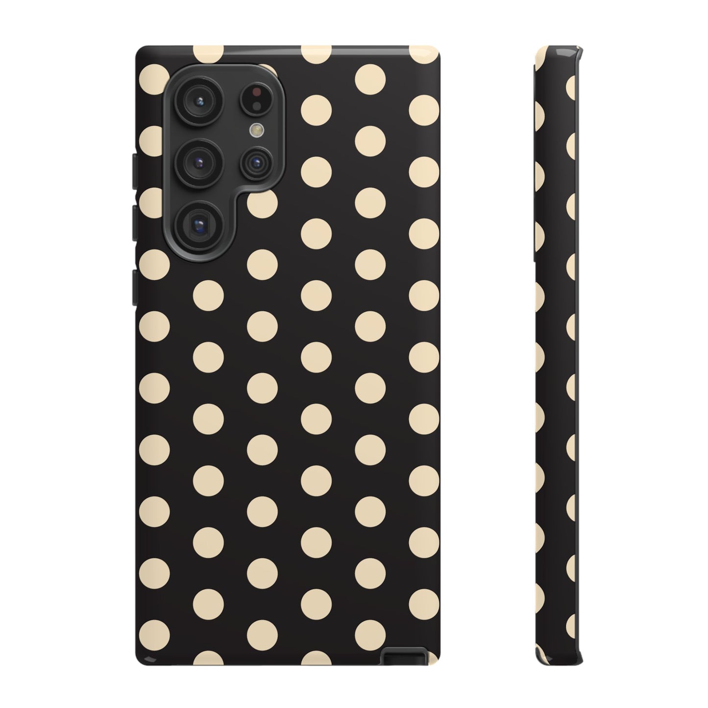 Polka Dot Tough Phone Case — Black with Cream Dots, Protective Slim Phone Cover