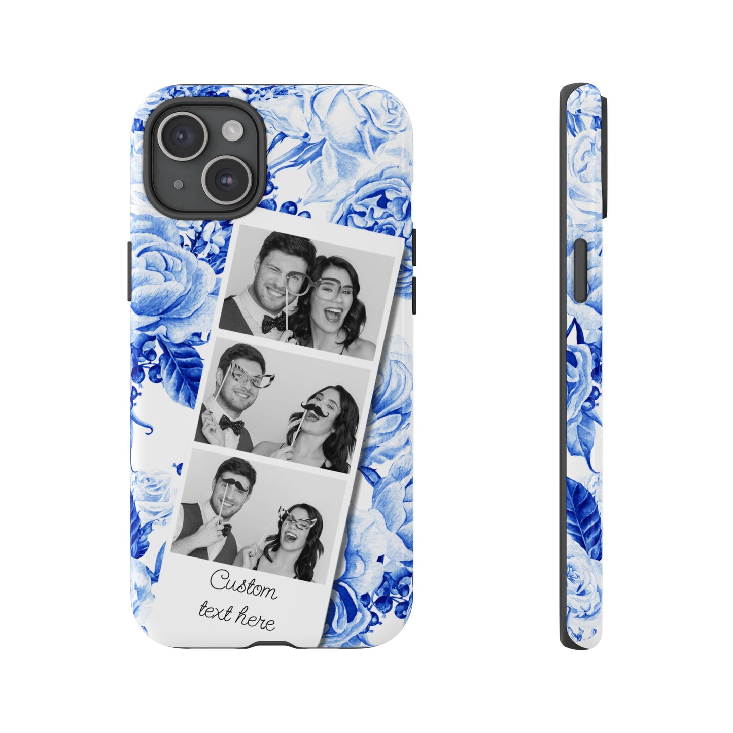 Three Photo Personalised Blue Floral Image Strip Custom Phone Case