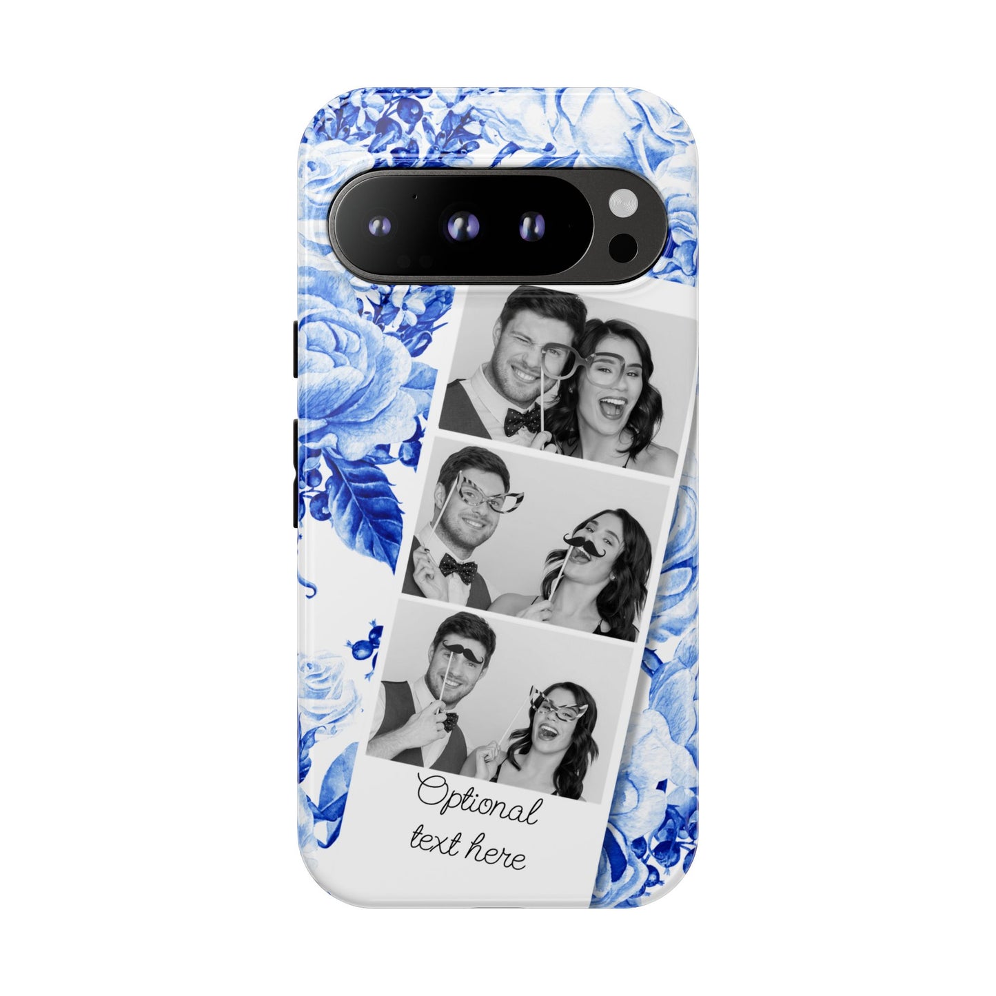 Three Photo Personalised Blue Floral Image Strip Custom Phone Case