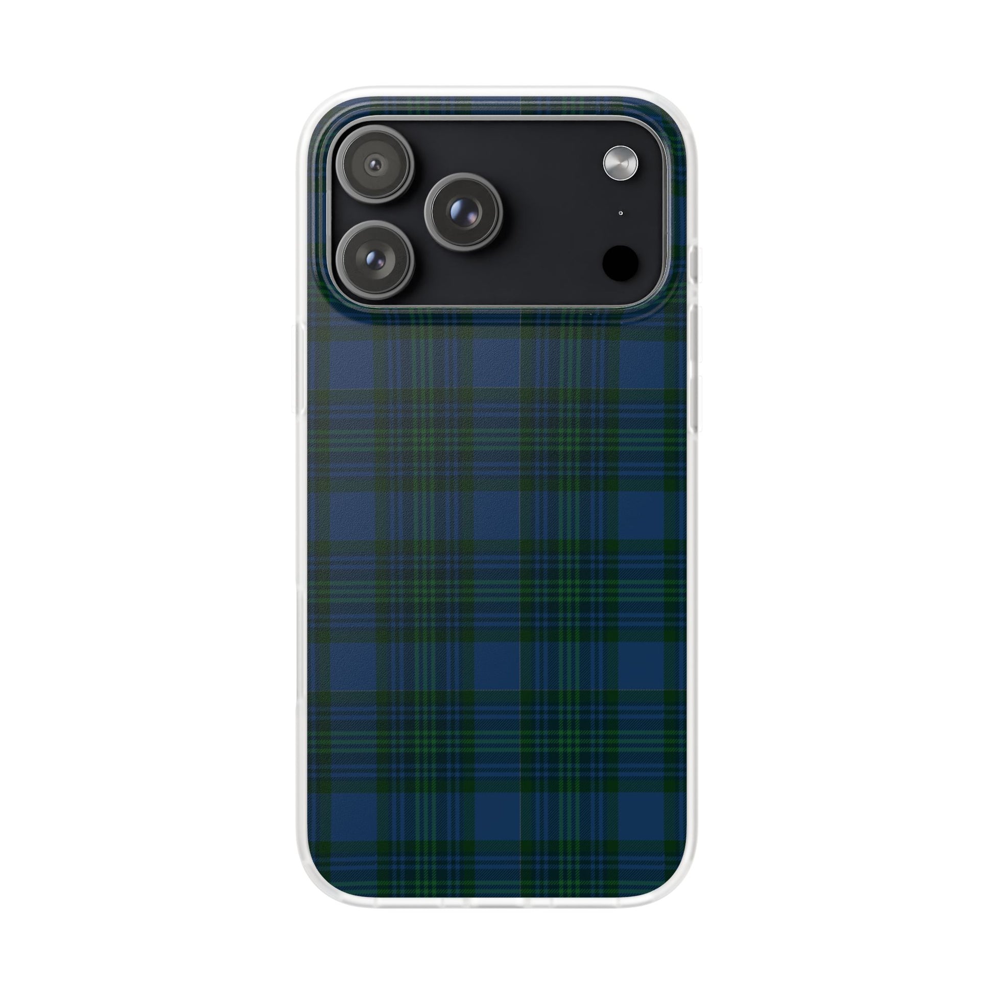Navy green tartan phone case with flexible plaid design, slim shock-absorbing TPU, semi-transparent matte finish