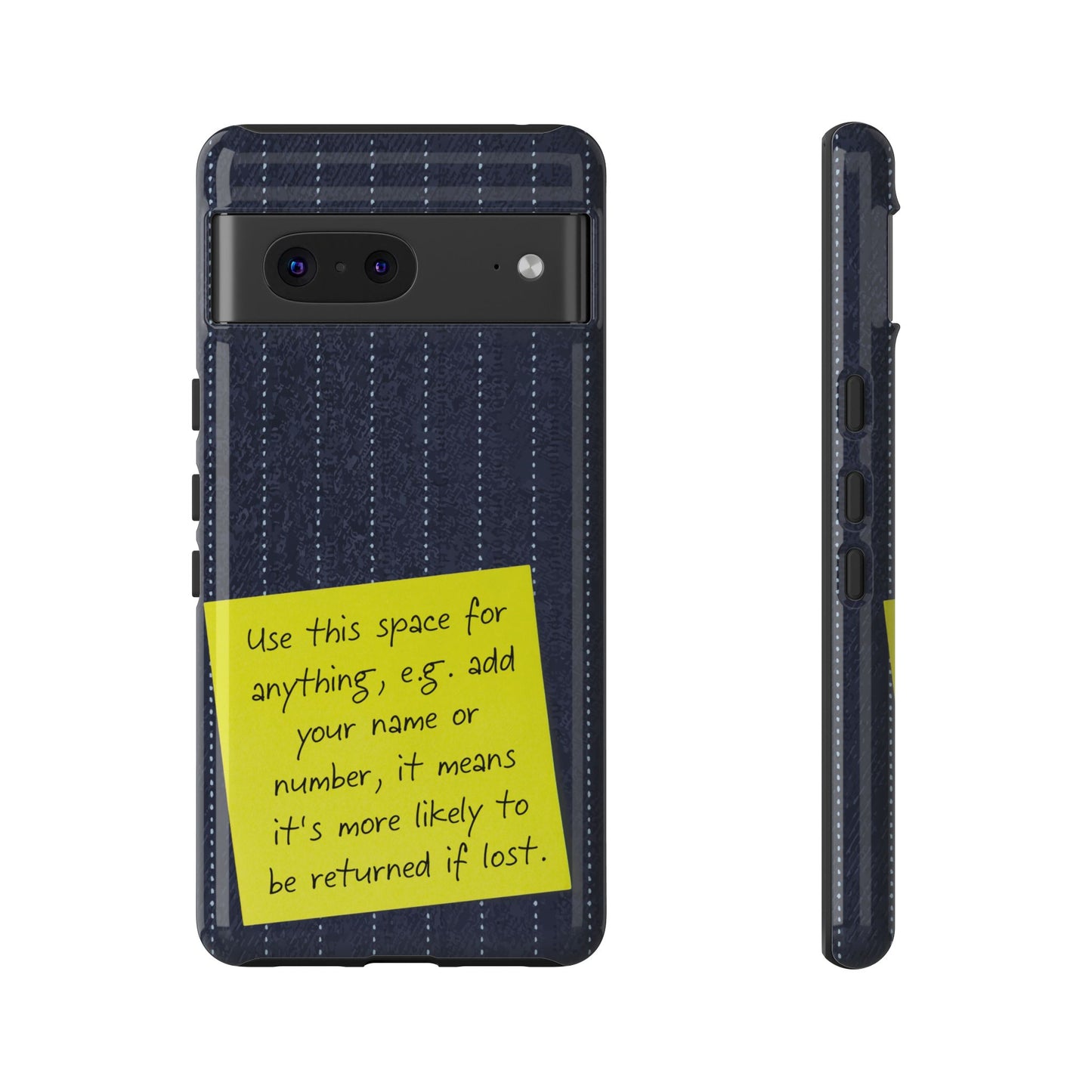 Navy Pinstripe Design with Yellow Sticky Note Personalised Tough Phone Case for Apple iPhone, Samsung Galaxy and Google Pixel.
