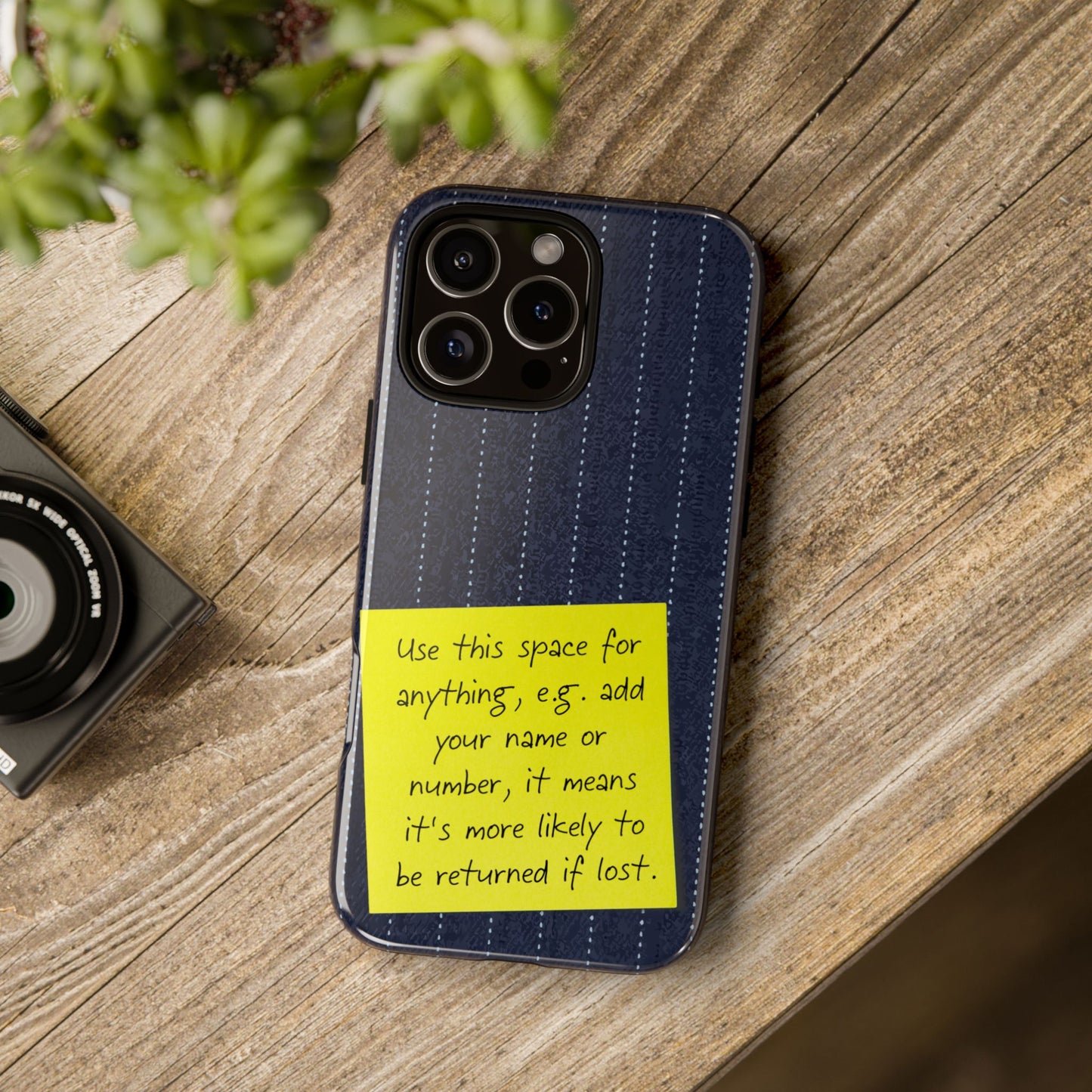 Navy Pinstripe Design with Yellow Sticky Note Personalised Tough Phone Case for Apple iPhone, Samsung Galaxy and Google Pixel.