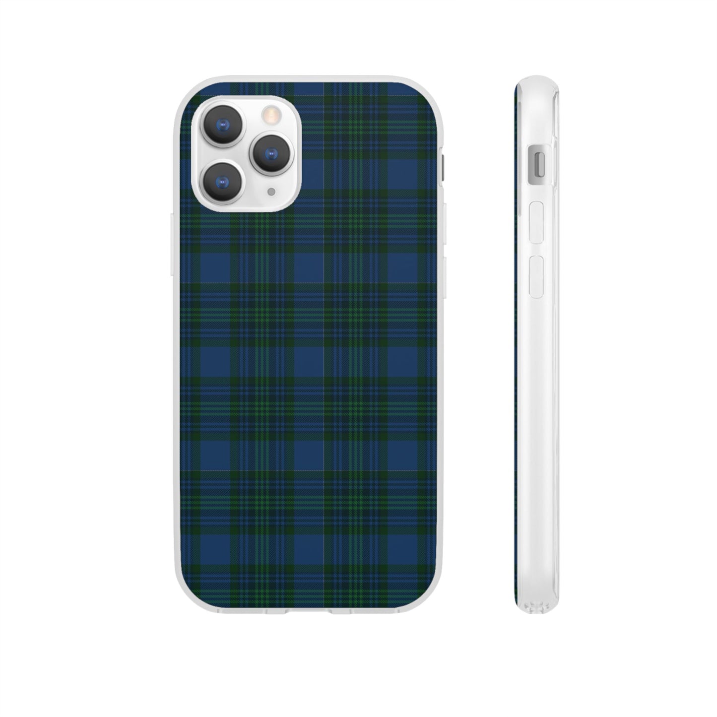 Navy green tartan phone case with flexible plaid design, slim shock-absorbing TPU, semi-transparent matte finish