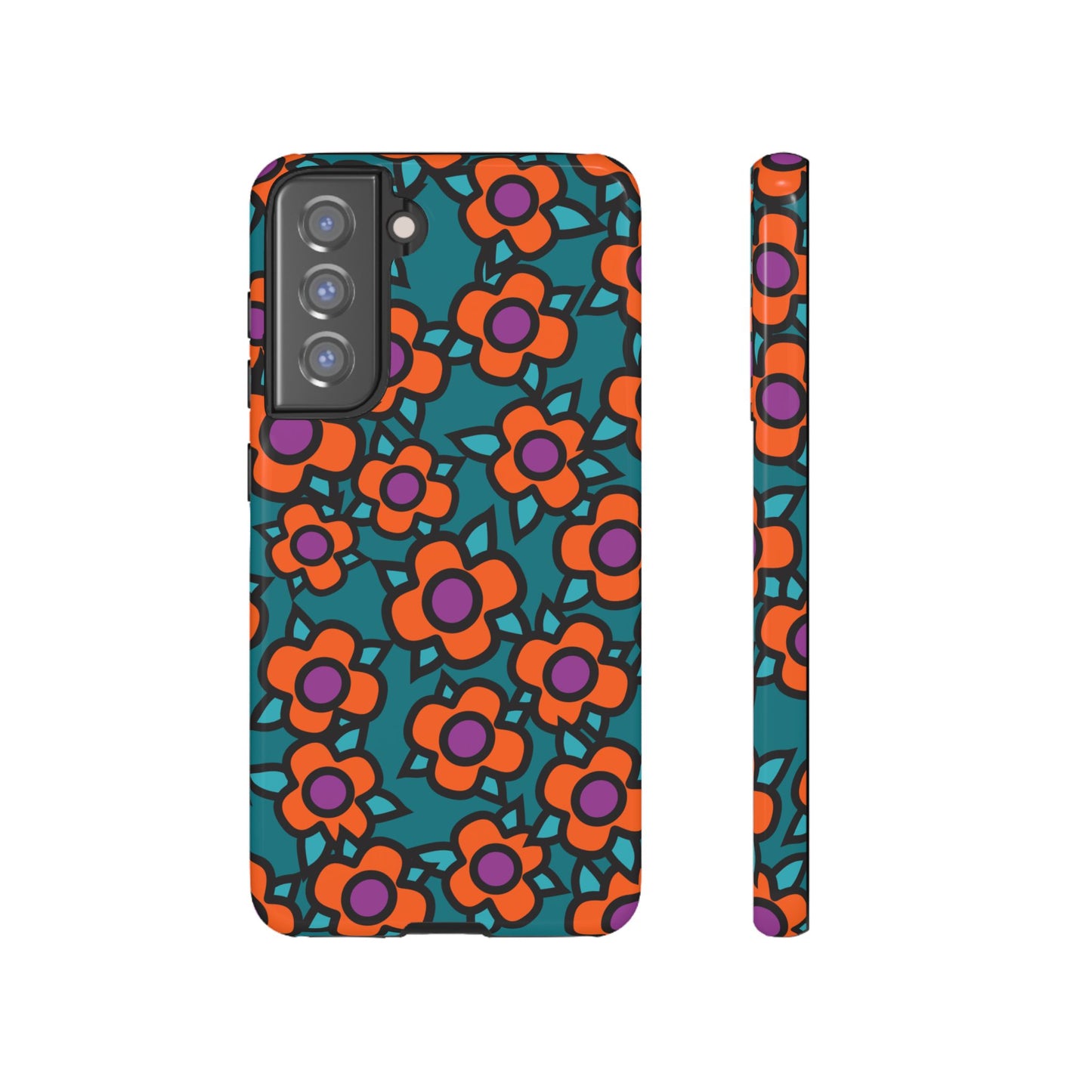 Floral Pop Tough Phone Case — Retro Orange & Teal Flower Pattern