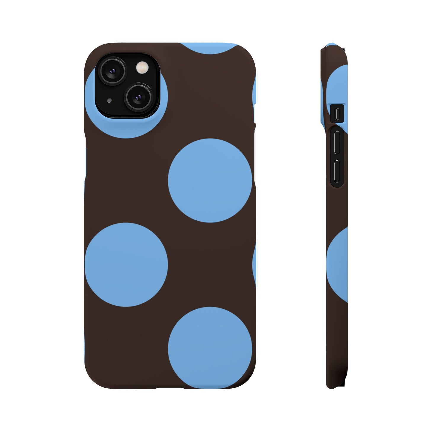 Matte Black with Large Sky Blue Polka Dots Slim Phone Case for Apple iPhone, Samsung Galaxy and Google Pixel.