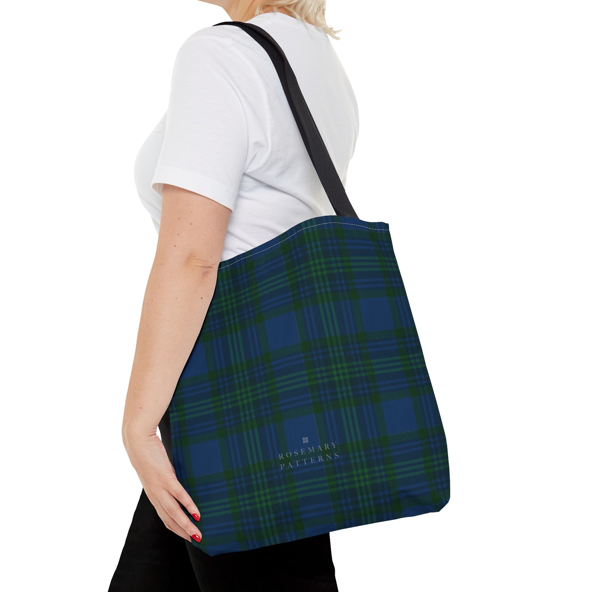 Tartan plaid tote bag in blue and green, eco friendly reusable market tote with Scottish pattern, cotton handles