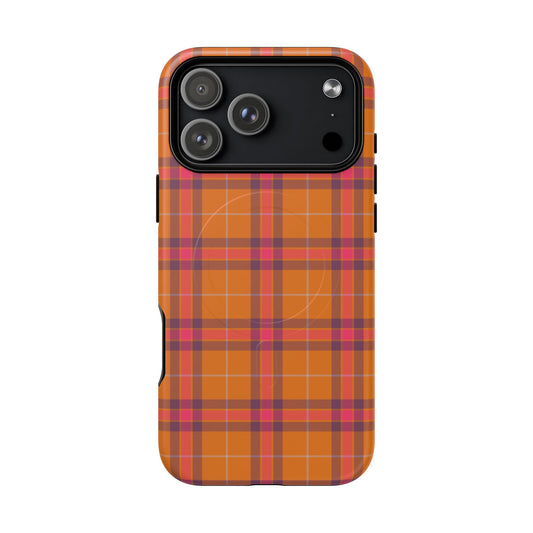 Tartan Magnetic Phone Case — Orange and Red Plaid Tough Protective MagSafe Case