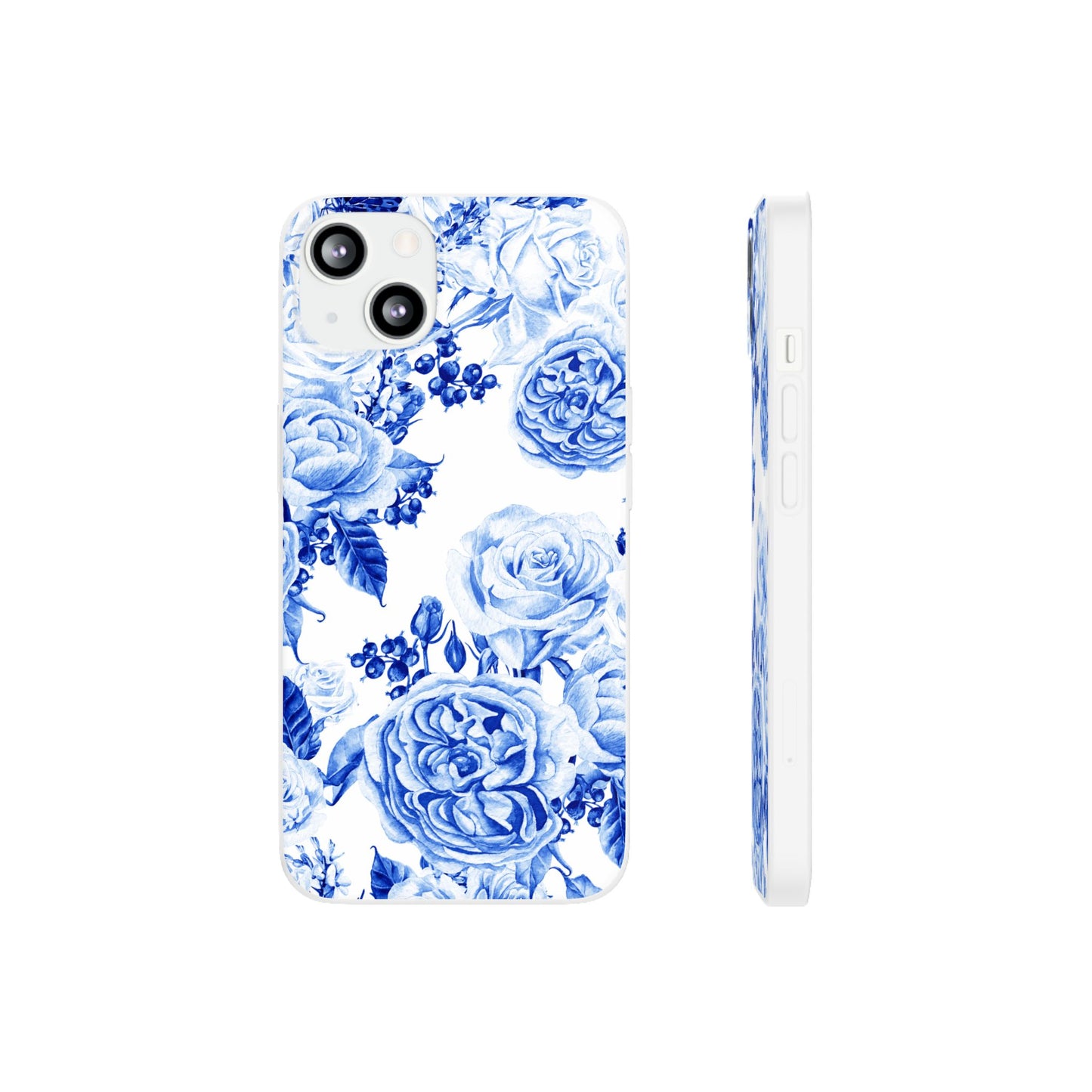 Blue Floral Phone Case — Hand-Painted Rose Pattern Flexi Case for Apple iPhone, Samsung Galaxy and Google Pixel.