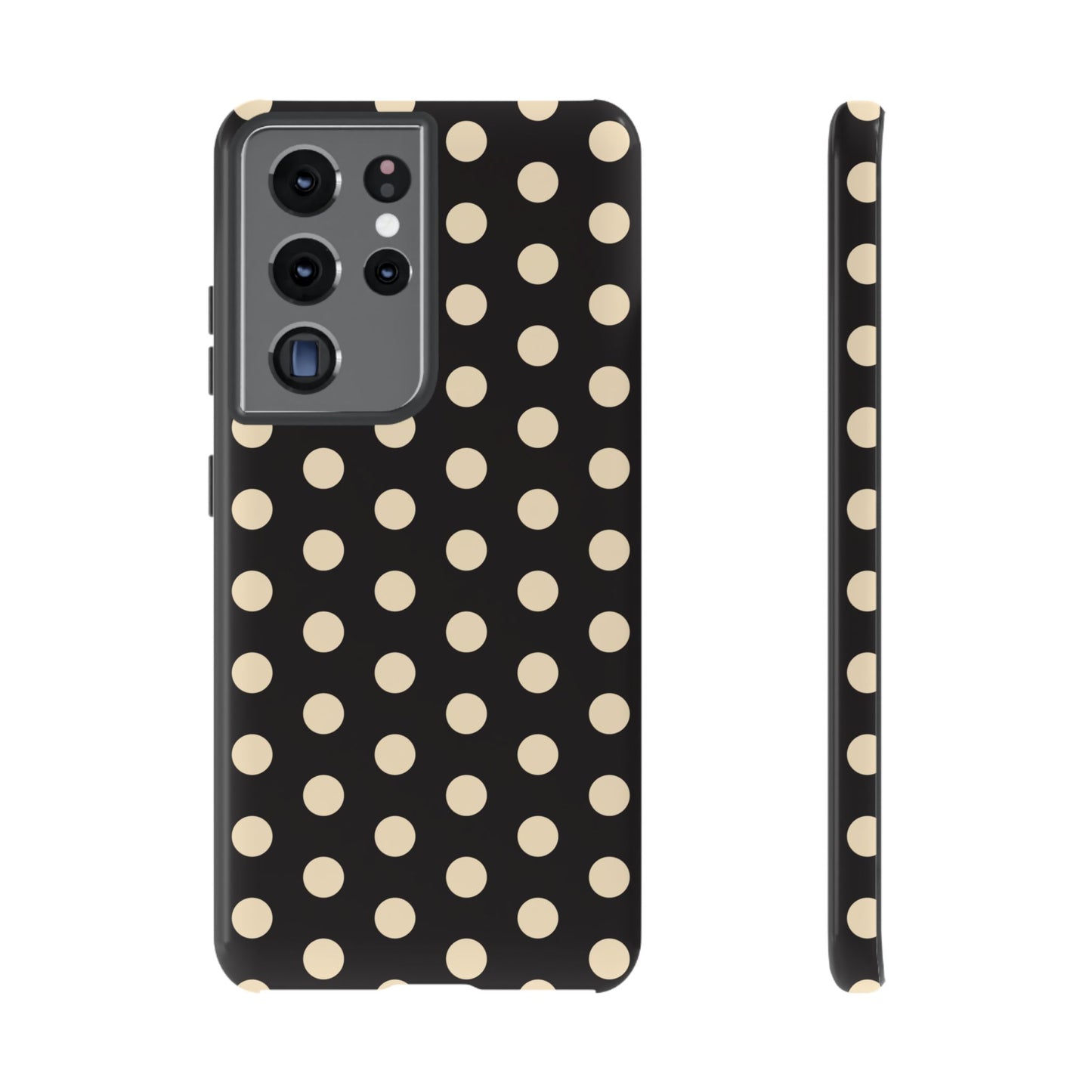 Polka Dot Tough Phone Case — Black with Cream Dots, Protective Slim Phone Cover