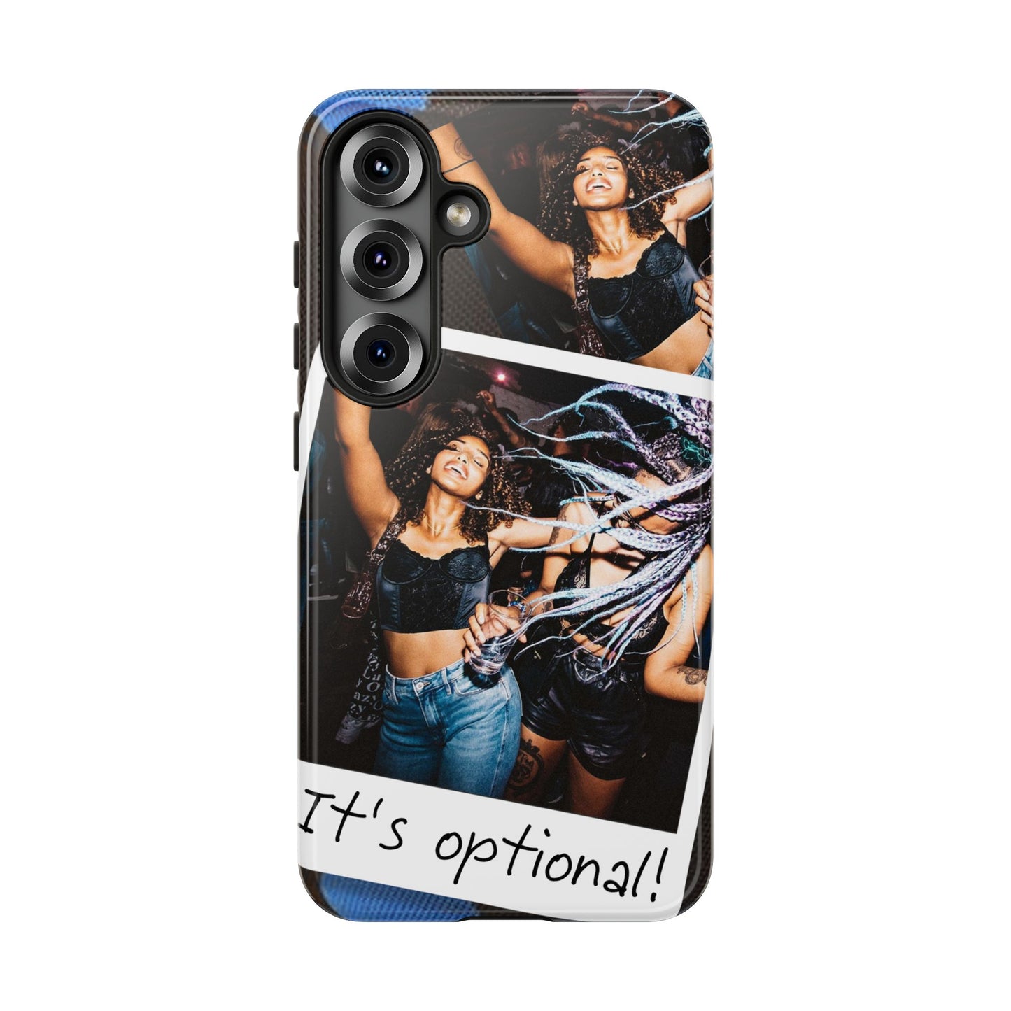 Two Image Personalised Polaroid Photo on Blue Polka Dot Protective Tough Case for Apple iPhone, Samsung Galaxy and Google Pixel.