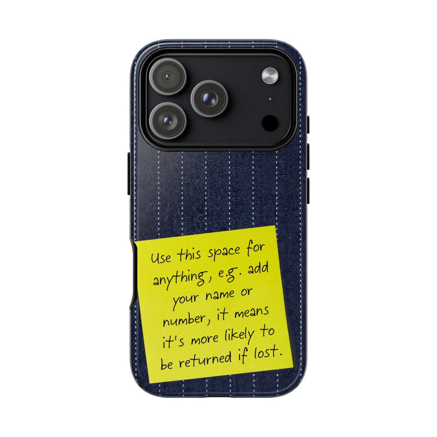 Navy Pinstripe Design with Yellow Sticky Note Personalised Tough Phone Case for Apple iPhone, Samsung Galaxy and Google Pixel.