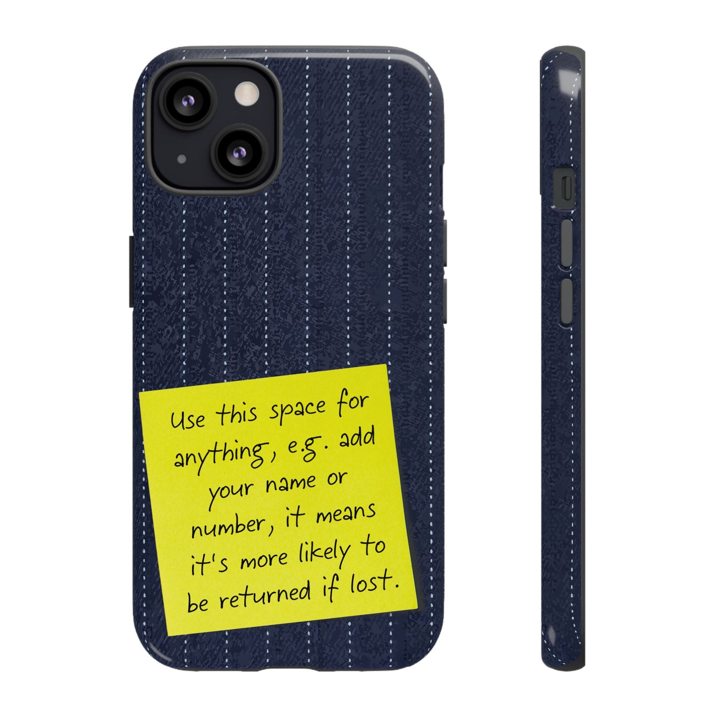 Navy Pinstripe Design with Yellow Sticky Note Personalised Tough Phone Case for Apple iPhone, Samsung Galaxy and Google Pixel.