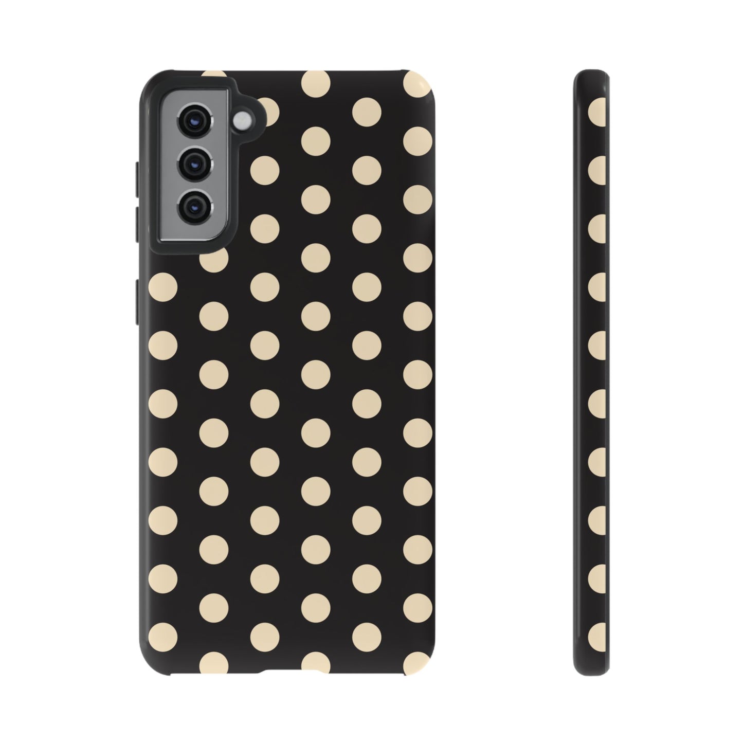 Polka Dot Tough Phone Case — Black with Cream Dots, Protective Slim Phone Cover