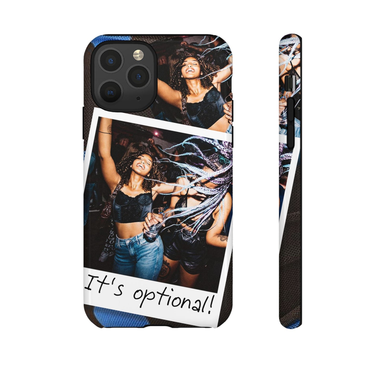 Two Image Personalised Polaroid Photo on Blue Polka Dot Protective Tough Case for Apple iPhone, Samsung Galaxy and Google Pixel.