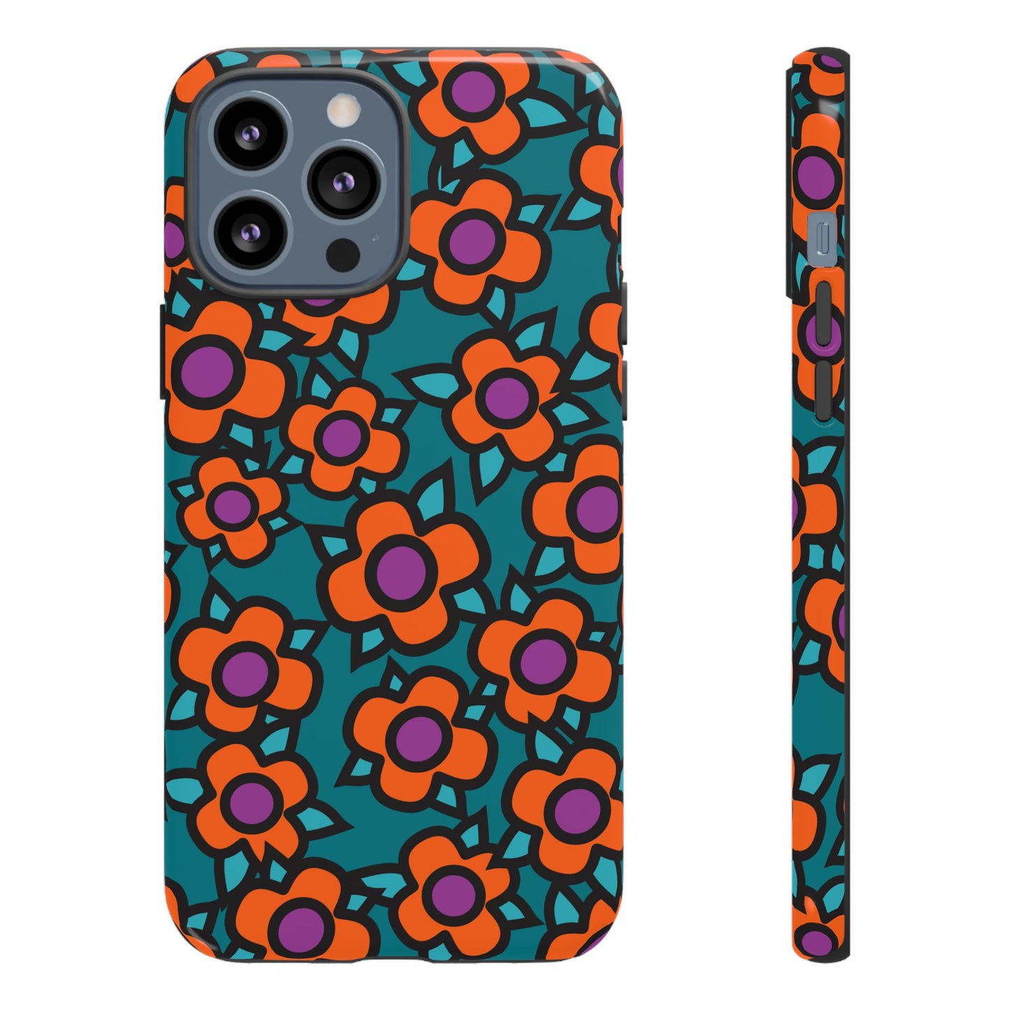Floral Pop Tough Phone Case — Retro Orange & Teal Flower Pattern