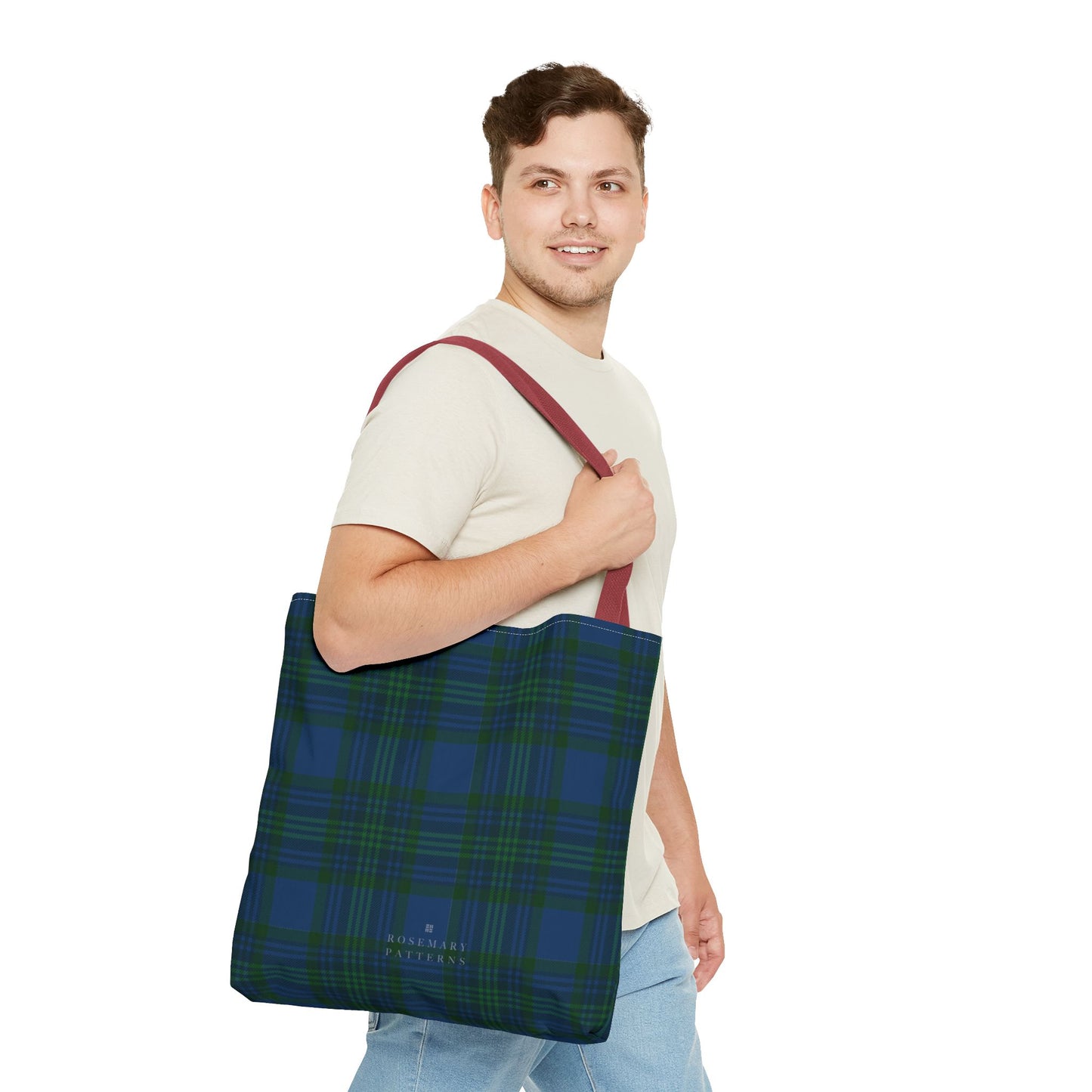 Tartan plaid tote bag in blue and green, eco friendly reusable market tote with Scottish pattern, cotton handles