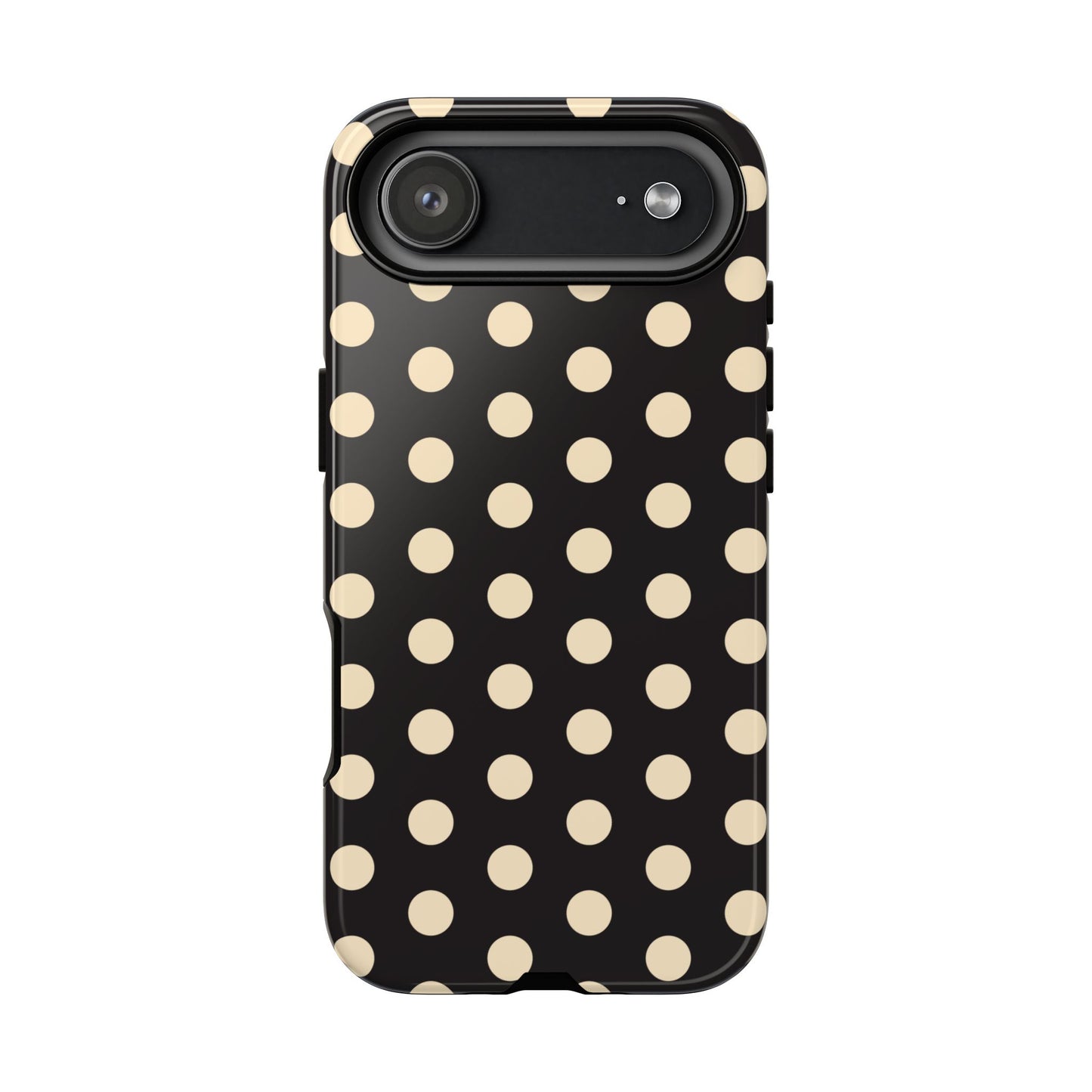 Polka Dot Tough Phone Case — Black with Cream Dots, Protective Slim Phone Cover