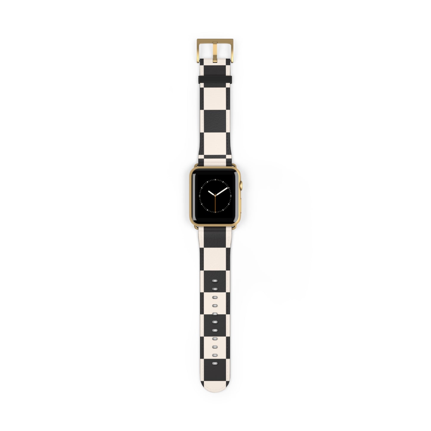 Apple Watch band in black and ivory chequered faux-leather, classic accessory for men and women, stainless steel buckle